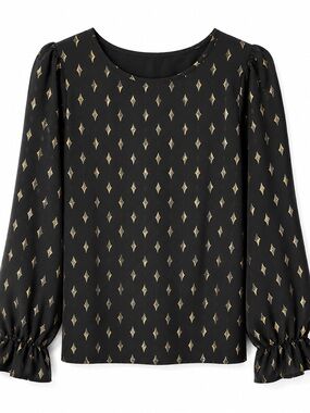 Black Blouse with Gold Diamond Print - Women's Long Sleeve Top